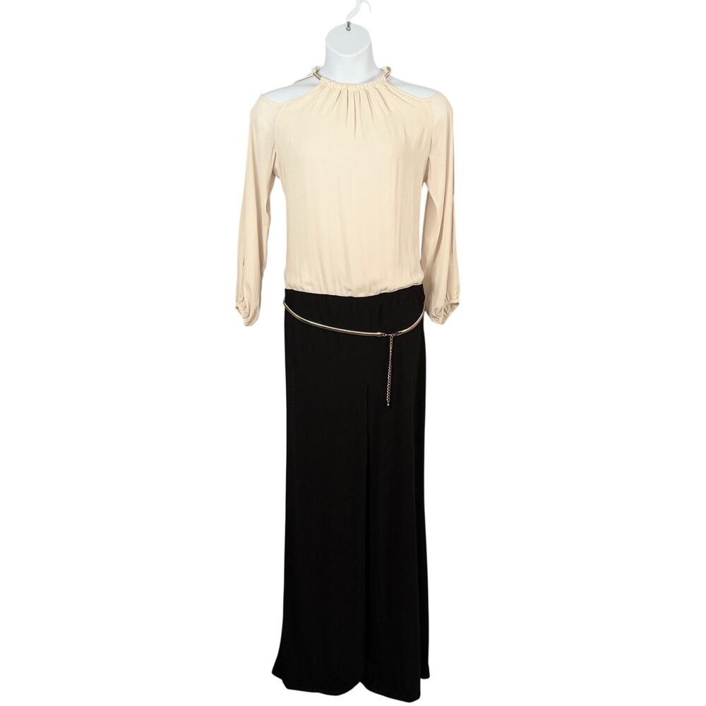 Vtg Cache Jumpsuit L White Black Cold Shoulder Split Sleeve Snake Chain Belt Y2K